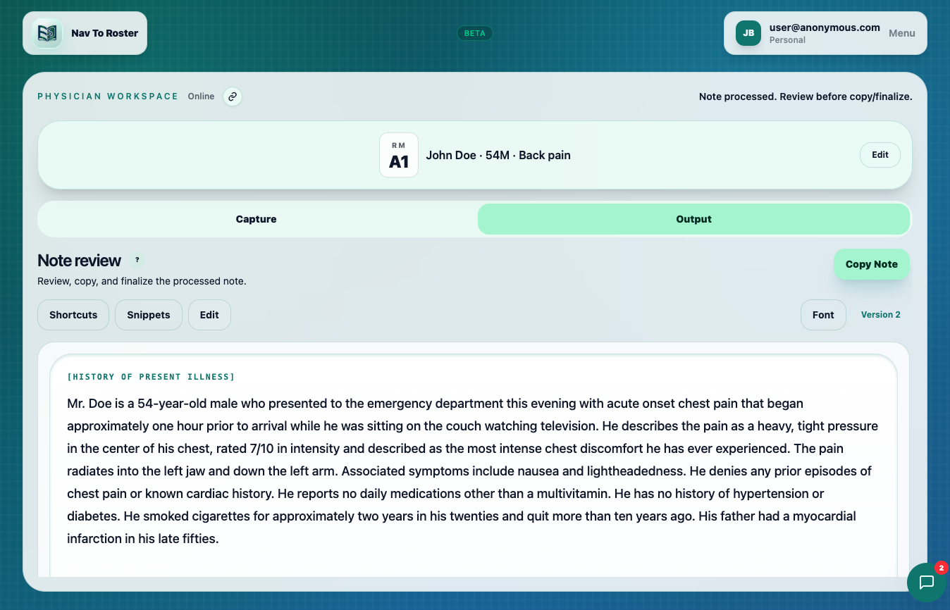 EDScribe Pro output screen showing a field-free ED note with history and medical decision making